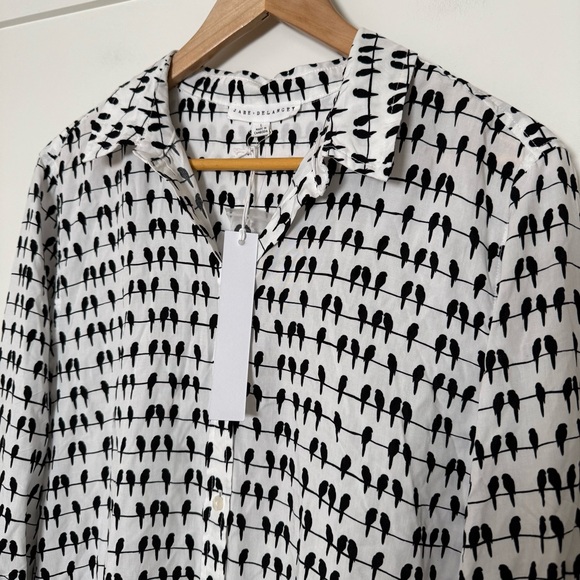 Jane Delancey Shirt Womens L White Black Parrot Bird Wire Long Sleeve Button Up - Picture 3 of 12